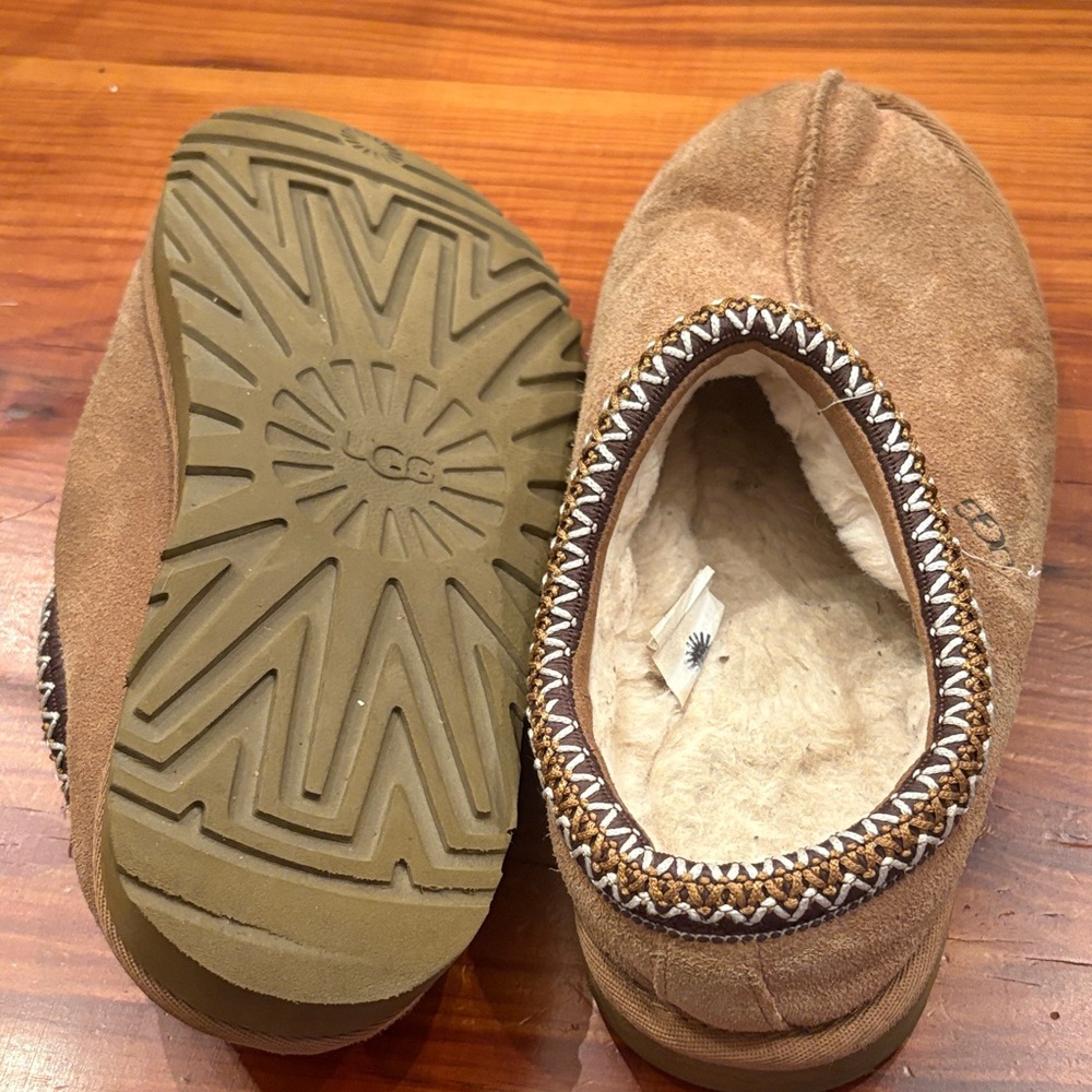 UGG Brown Suede Slippers with Woven Trim